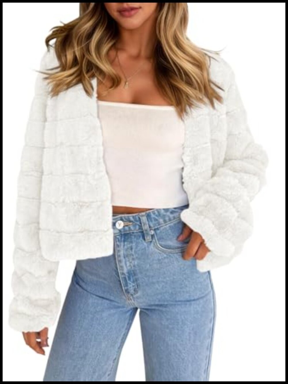 Womens Cropped Faux Fur Jacket Long Sleeve Open Front Fluffy Short Coat